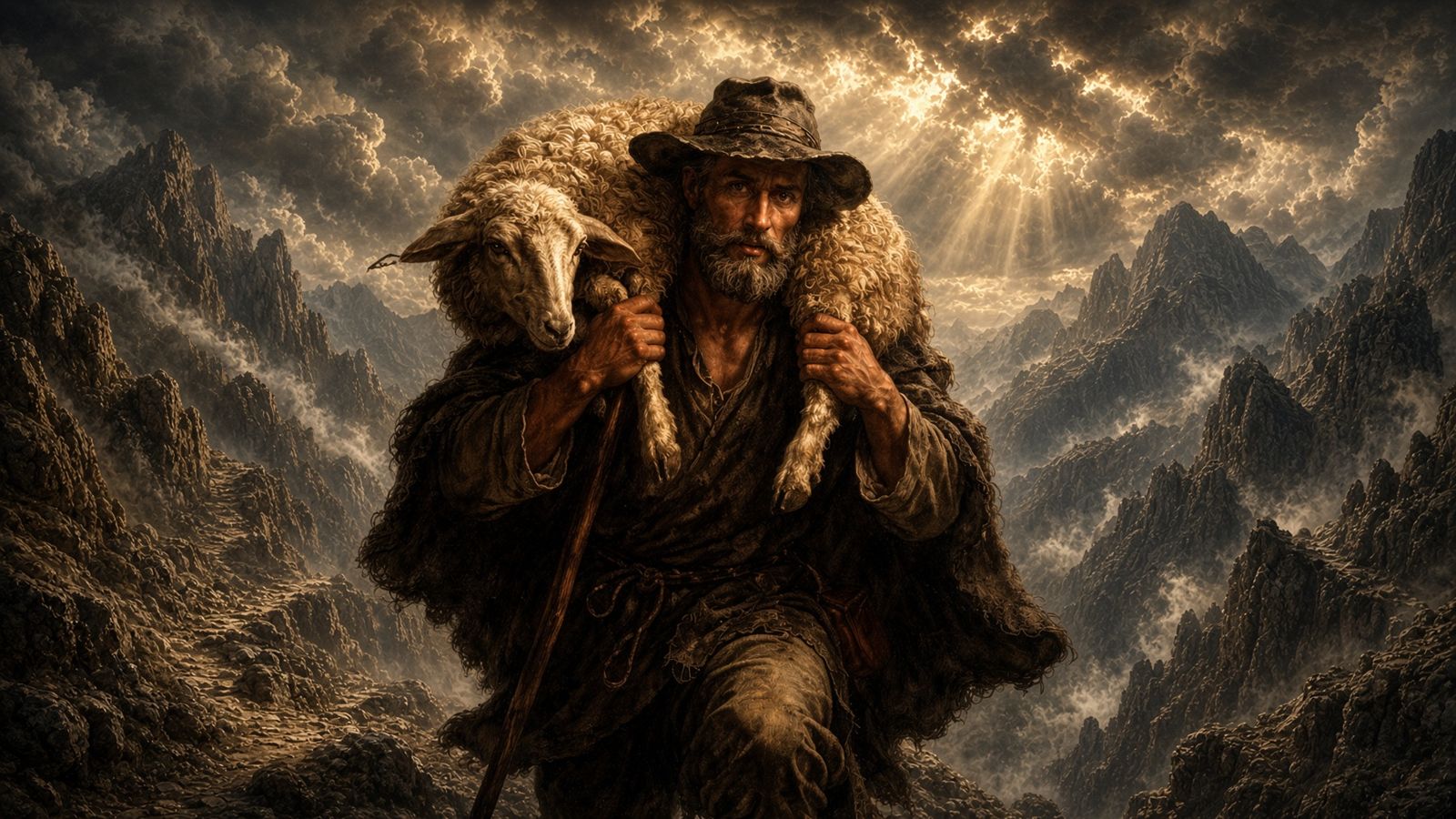 A shepherd carrying the lost sheep home through the storm